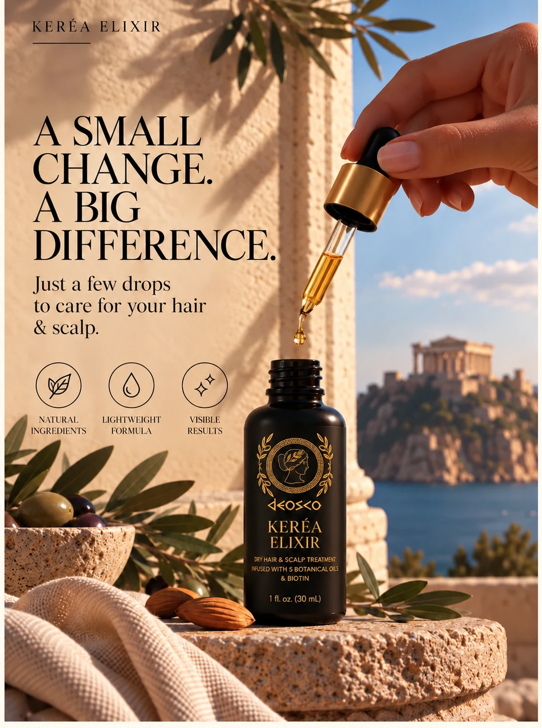 KERÉA Elixir dropper poised above the bottle in Mediterranean sunlight