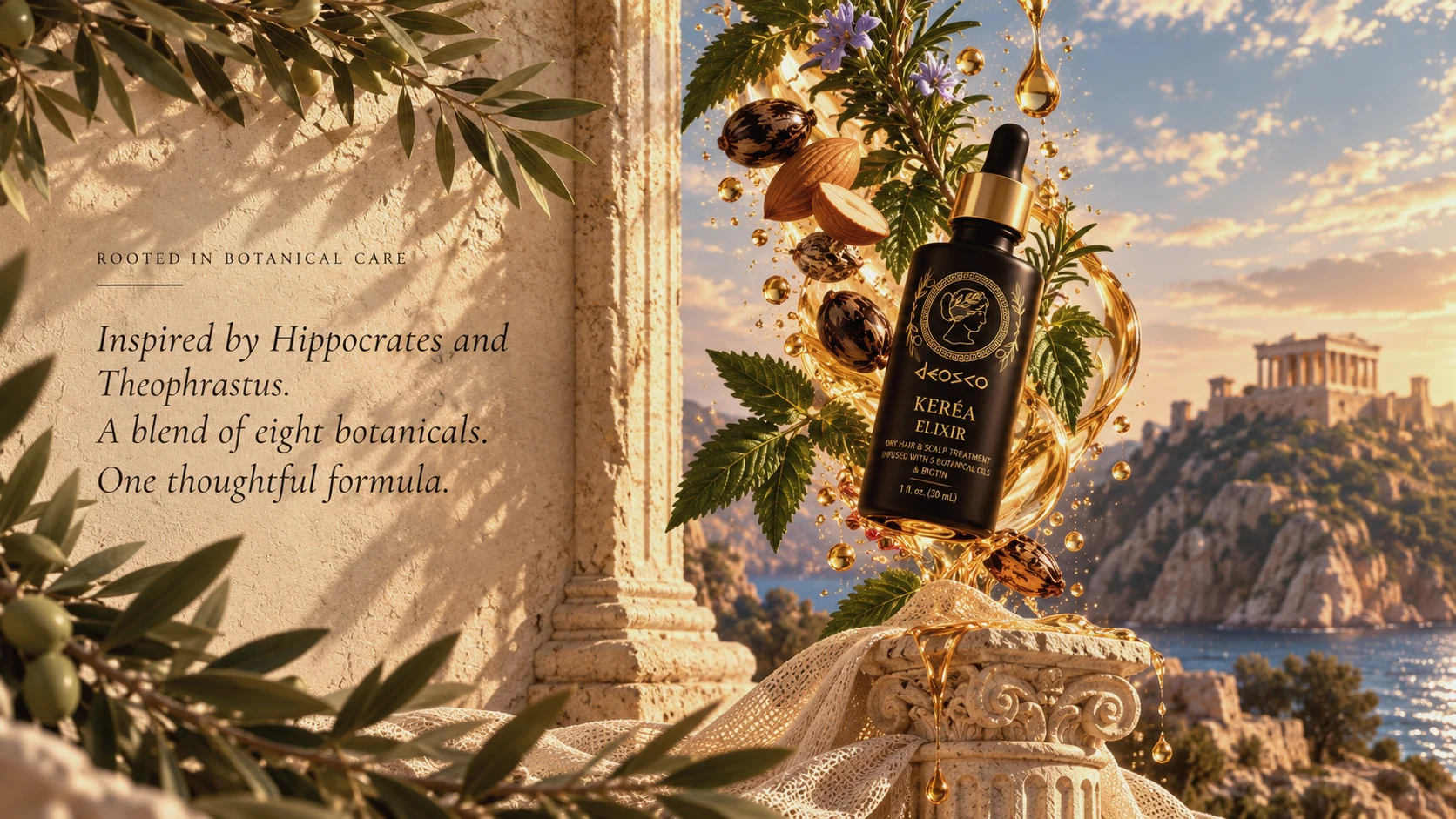 KERÉA Elixir with Mediterranean botanicals and golden oil by the sea. Rooted in botanical care — inspired by Hippocrates and Theophrastus. A blend of eight botanicals. One thoughtful formula.