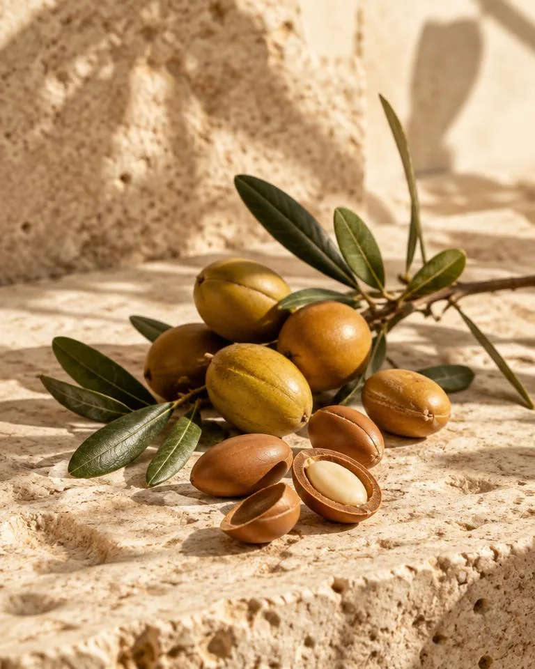 Argan botanicals on sunlit stone