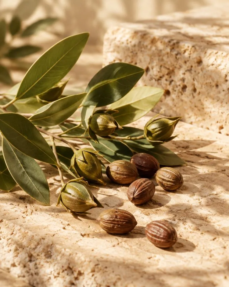 Jojoba botanicals on sunlit stone