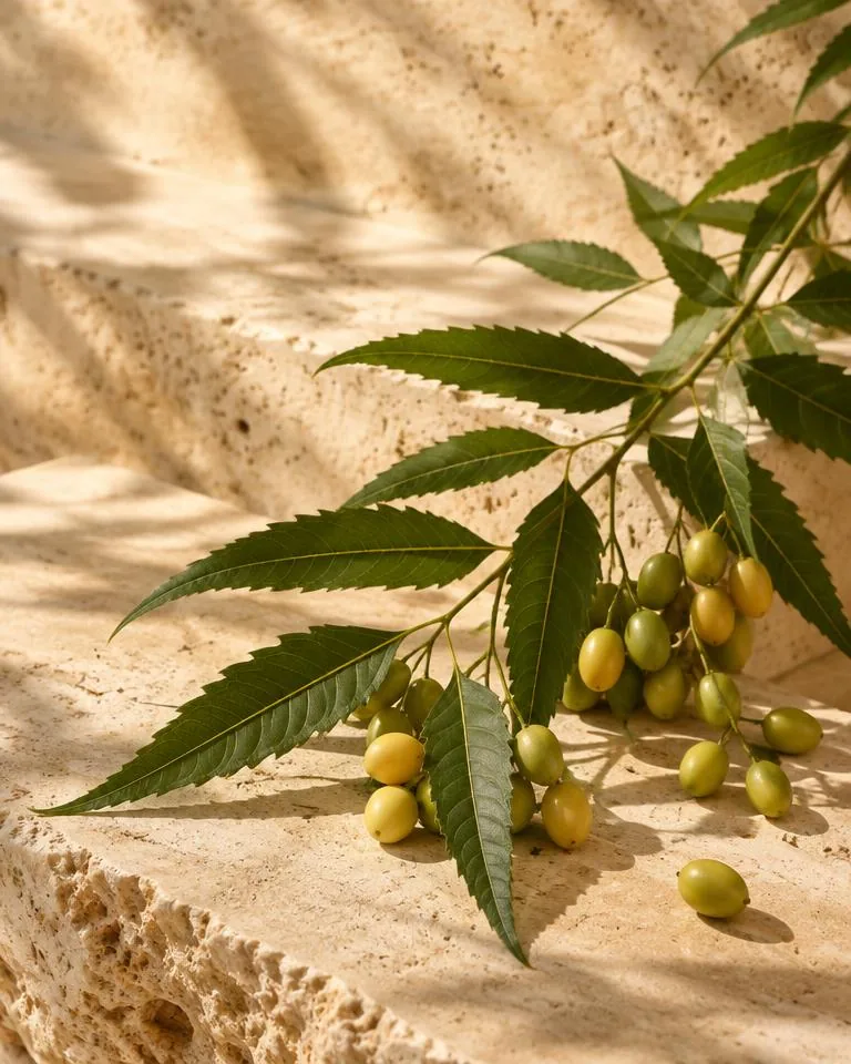 Neem botanicals on sunlit stone