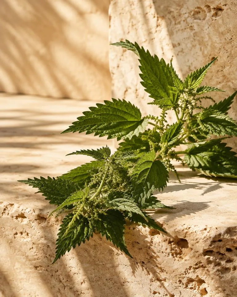 Nettle botanicals on sunlit stone