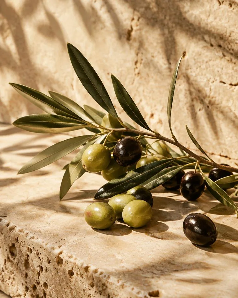 Olive botanicals on sunlit stone
