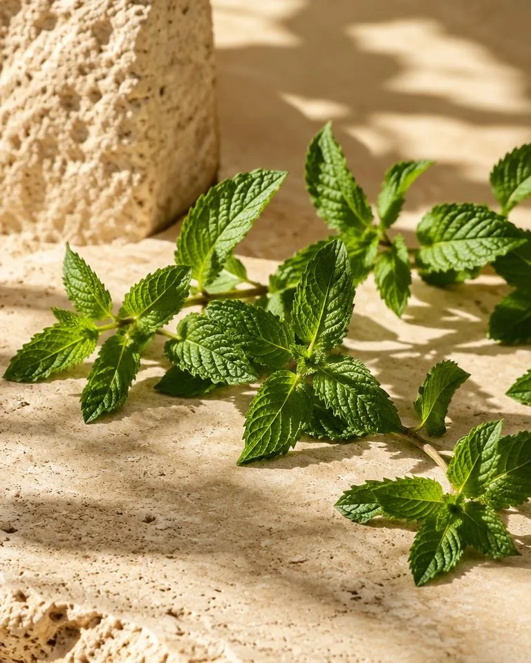 Peppermint botanicals on sunlit stone