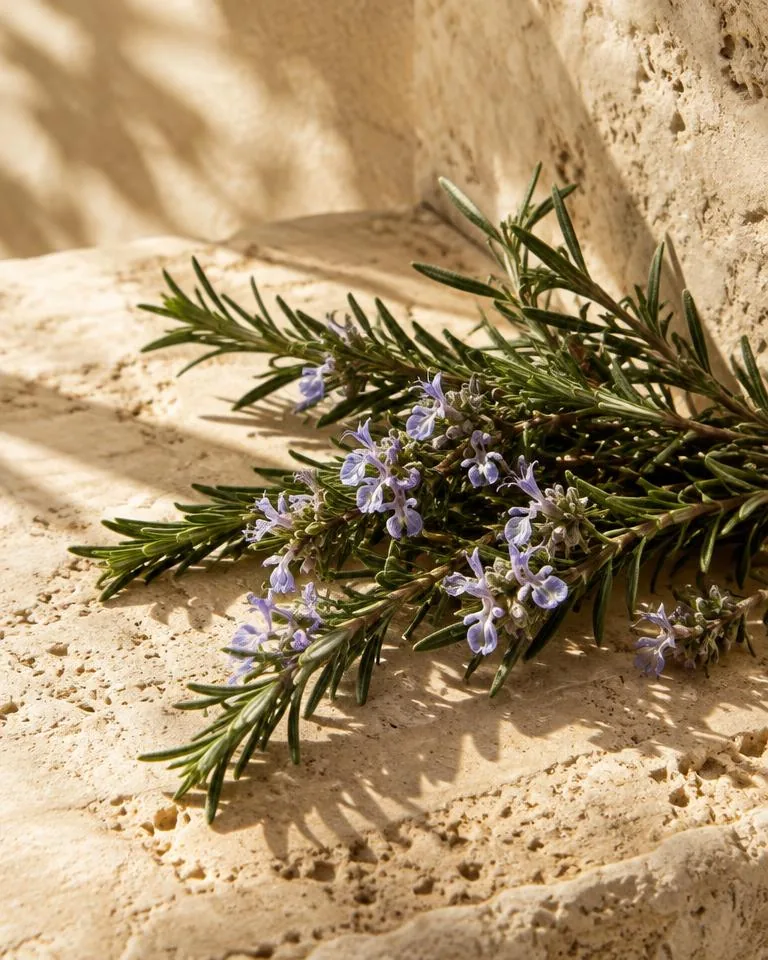 Rosemary botanicals on sunlit stone