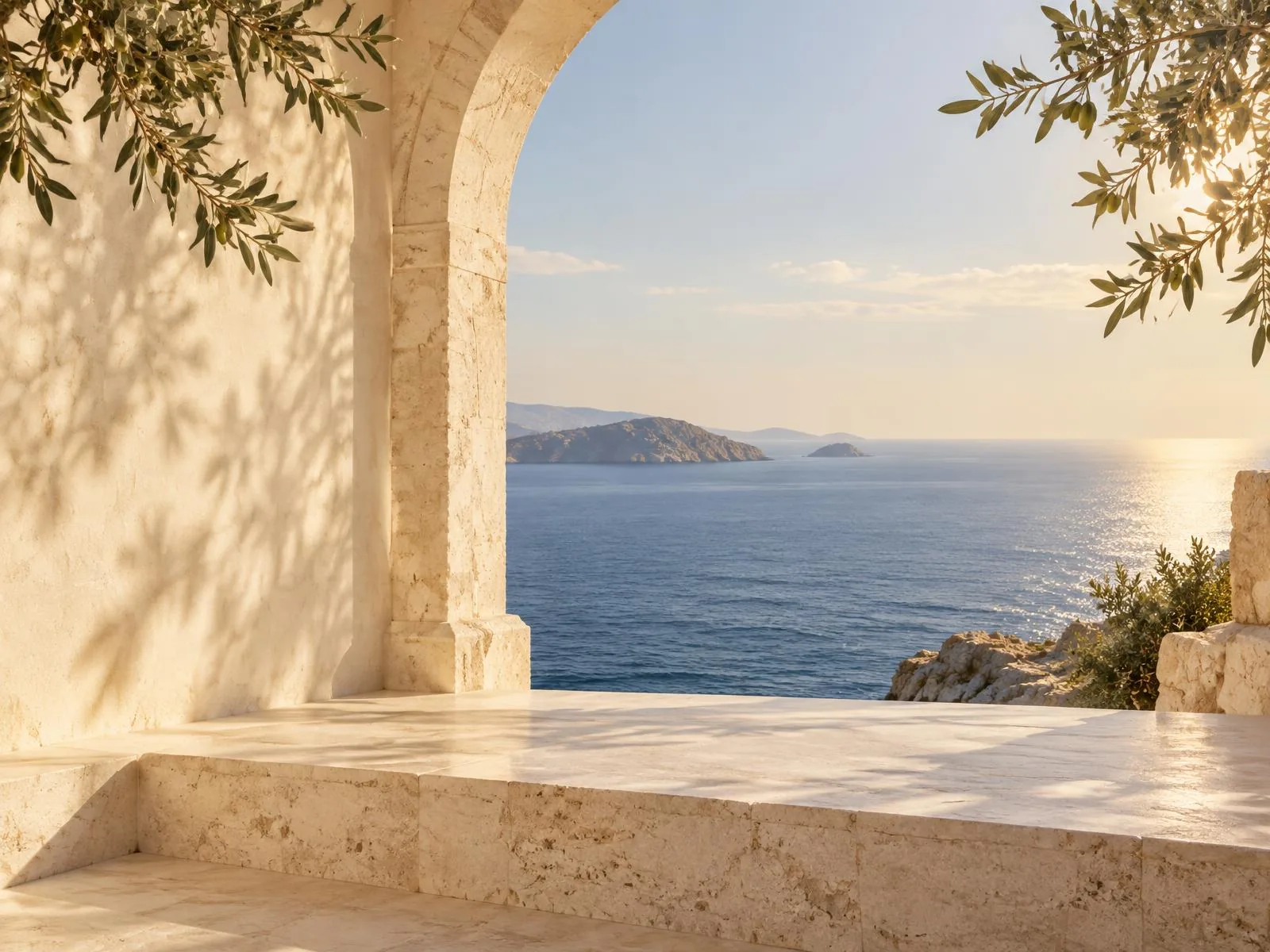 Sunlit Mediterranean stone arch overlooking the Aegean Sea
